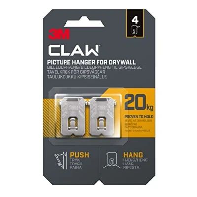 Imagen de 3M Claw Ganchos de pared para colgar cuadros yeso decoración del hogar, 4 perchas, soporta hasta 20 kg, ideal artículos pesados