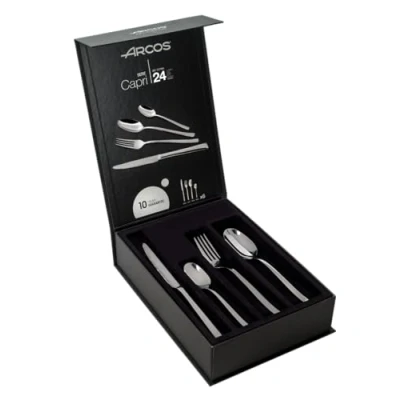 Imagen de Arcos Serie Capri Cubertería de 24 piezas en una Caja Regalo (6 cuchillos + 12 cucharas 6 tenedores) Monoblock pieza Acero Inoxidable Color Plata