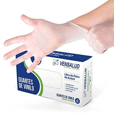 Imagen de VENSALUD Guantes de VINILO Desechables Sin Polvo Resistentes Para Laboratorios, Sanitarios, Cocina, Estudios tatuaje, Veterinaria, Limpieza Látex 100 uds. Semi Blanco Talla M