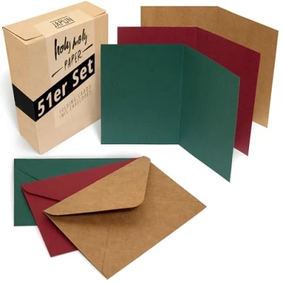 Imagen de Japun Juego de 51 tarjetas plegables que incluyen sobres, para diseñar, etiquetar o imprimir DIN A6 / C6 marrón verde rojo