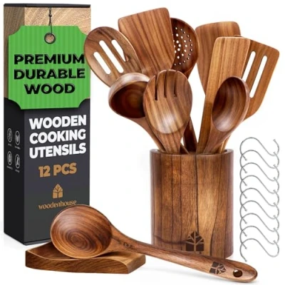 Imagen de Utensilios de Cocina Madera 12 Piezas Cucharas con Soporte, Reposacucharas y Ganchos Antiadherentes Teca Duraderos por Woodenhouse