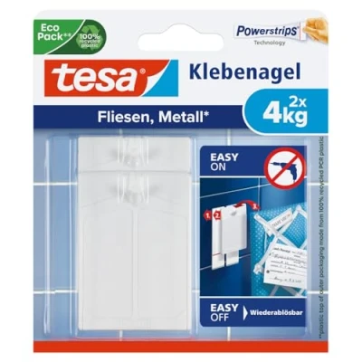 Imagen de tesa Clavo Adhesivo para Azulejos y Metal 4 kg, de Alta Resistencia Superficies Lisas en Baños Cocinas, Gancho Tira, Sostiene hasta kg