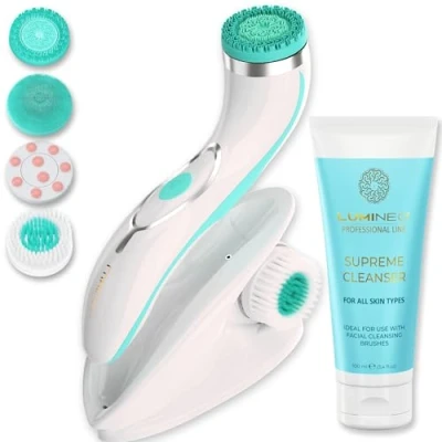 Imagen de Lumineo PRO limpieza facial profunda, cepillo con 4 accesorios de cepillo, silicona médica, USB C, IPX6 impermeable, gel limpiador a juego para todo tipo pieles (turquesa)