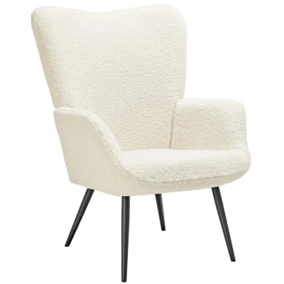 Imagen de TecTake® Sillón Orejero Estilo Escandinavo, Butaca de Salón con Tapizado en Tejido Bouclé, Lectura Respaldo Ergonómico, Ideal Mueble Salón, Topes Patas, hasta 150kg Crema/Negro