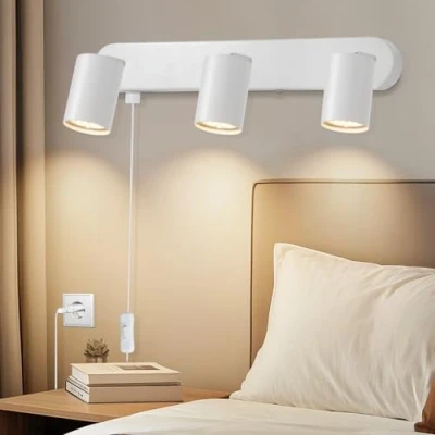 Imagen de Dehobo Lámpara de pared Dormitorio con Interruptor Aplique Enchufe Casquillo GU10 Rotatorio 350 Blanco Moderno Cable Salón Sin Bombilla