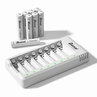 Imagen de BONAI Cargador de Pilas Recargables con 8 Piezas 1100mAh AAA Ni MH Recargables, Ranuras Independientes Luces LED(Carga rápida USB)