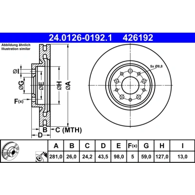 Imagen de ATE 24.0126 0192.1 Disco de freno 281,0 26,0 5 98,0 ventilado revestido FIAT: Tipo Familiar, Hatchback, Berlina