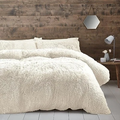 Imagen de Catherine Lansfield Cuddly Juego de Funda edredón y Fundas Almohada Pelo sintético para Cama Doble, Color Crema
