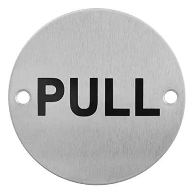 Imagen de Señal de seguridad con texto en inglés &quot;PULL&quot;, acero inoxidable, 76 mm, fijaciones
