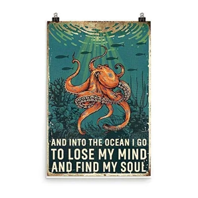 Imagen de BCTS Cartel de metal para decoración pared, diseño retro pulpo con texto en inglés «I Go To Lose My Mind And Find Soul