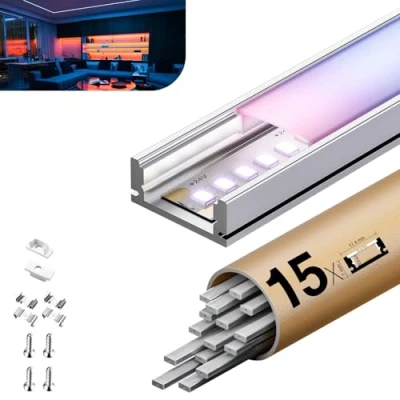 Imagen de KOSOOM Perfil de aluminio para tiras LED 2 m x 15 unidades 30 m, tamaño 19,7 mm 10 mm, menos 17 ancho, con accesorios montaje