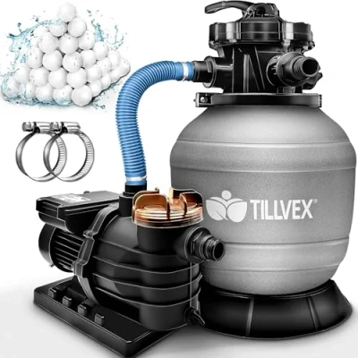 Imagen de tillvex Depuradora de Agua para Piscina 13.200L/h hasta 40.000L + 1200g Bolas Filtro 7 Funciones Filtrado Bomba Arena con Válvula (Gris)