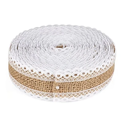 Imagen de G2PLUS Cinta de Arpillera con Ribete Yute 10 m Encaje Flecos Natural 2,5 cm para Manualidades Boda Temática Vintage/Rústica