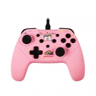 Imagen de Konix Unik Mando con cable para Nintendo Switch, Switch Lite, OLED y ordenador, de 3 m, motivo Be Love unicornios, rosa