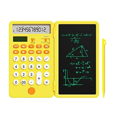 Imagen de NEWYES calculadora básica Recargable Mejorada con Bloc de Notas 6,5 Pulgadas, estándar Bolsillo 12 dígitos función 2 en 1 portátil para la Escuela Oficina (Amarillo)