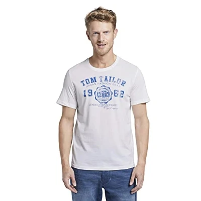 Imagen de TOM TAILOR Hombre Camiseta con logotipo impreso 1008637, 20000 White, L