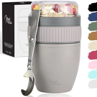 Imagen de Milu vaso de muesli para llevar 400 ml I plástico yogur con cuchara (gris topo)