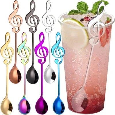 Imagen de MINGZE 7 Piezas Juego De Cucharitas Cafe, Acero Inoxidable Icono La Música Color Mezclado Cuchara mezcladora Con Mango Símbolo Para Té Café Helado Postre