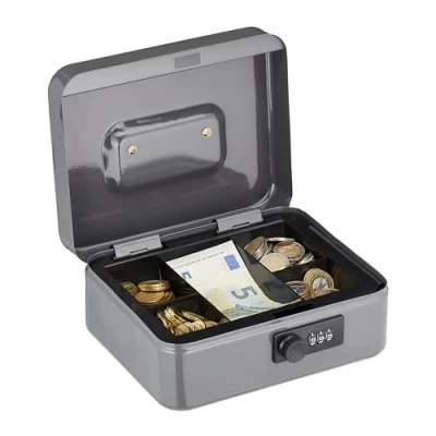 Imagen de Relaxdays Caja Fuerte con Combinación de 3 Dígitos, Bandeja para Monedas, Hierro, 8,5 x 20 17 cm, Gris