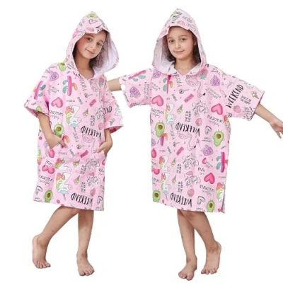 Imagen de KAKU NANU Albornoz Niña Bata de Microfibra Poncho Playa Niño Ducha Piscina con Capucha 5 6 7 8 9 10 Años Rosa