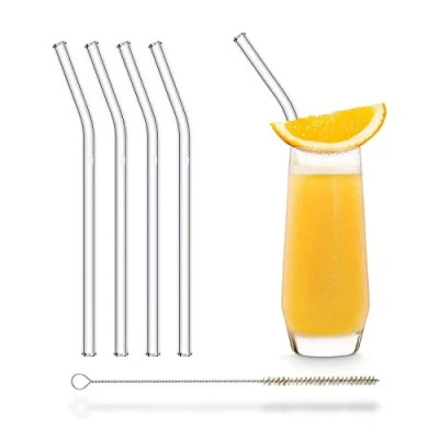 Imagen de pajitas de cristal HALM reutilizables, 4 unidades curvadas 20 cm + cepillo limpieza sin plástico, aptas para lavavajillas, sostenibles,