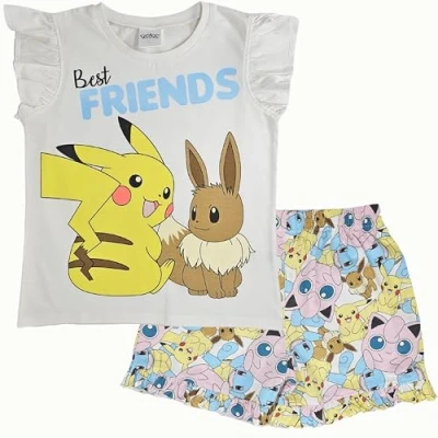 Imagen de Conjunto de Pijama Corto Pikachu &amp; Eevee con Mangas Volantes para niña 100% algodón 11 12 años