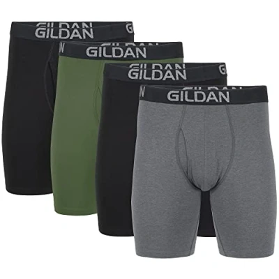 Imagen de Gildan Cotton Stretch Boxer Brief, Multipack Ropa Interior de Hombres, Hollín Negro/Gris Oscuro Jaspeado/Verde Medianoche (Paquete 4, Pierna Larga), M (Pack 4)