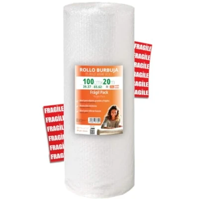 Imagen de OFITURIA papel Burbujas Embalaje 100cm x 20m Pack Frágil con 12 Etiquetas FRÁGIL ideal para embalaje, burbuja, mudanza, bubble wrap