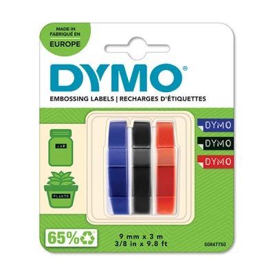 Imagen de DYMO auténtica etiquetas de estampación 3D 9 mm x 3 m Azul, Negro y Rojo Autoadhesivas para las etiquetadoras estampado rollos Fabricado en Europa