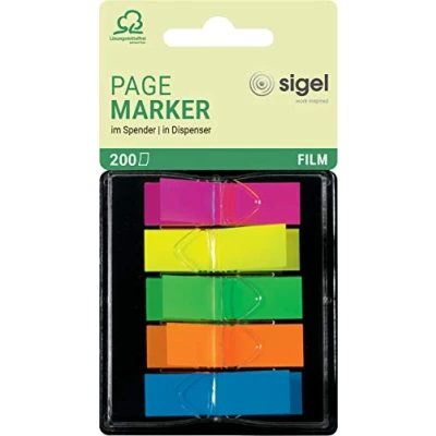 Imagen de SIGEL HN489 Marcapáginas, cinta de filme transparente y adhesivos, en repartidore Z, 200 tiras 45x12 mm, 5 colores neón
