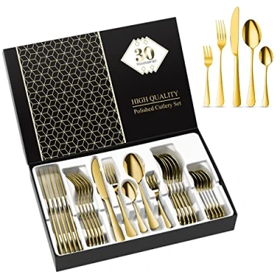 Imagen de Aoeeppa Juego de Cubiertos Acero Inoxidable 30 Piezas, Cubertería Mesa para 6 Personas, Pulido Espejo, Set con Cuchillo, Tenedor, Cuchara, Cucharilla, Tenedor Postre (Oro)