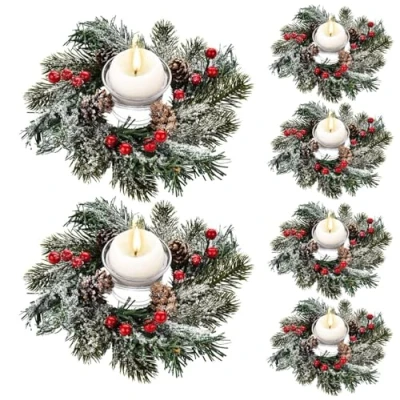 Imagen de KAHEIGN 8 Piezas Anillos de Velas Navideñas, 21CM Corona Frutos Rojos Artificiales Candelabro con Agujas Pino Nevado para Pilares Rústico Bodas Navideña Fiestas Puerta Mesa Decoración
