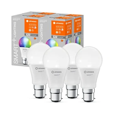 Imagen de LEDVANCE Lámpara LED inteligente con tecnología WiFi, base B22d, regulable, color de luz cambiante (2700 6500K), colores RGB cambiables, reemplazo 60W, SMART+ WiFi Classic Multicolour, paquete 4