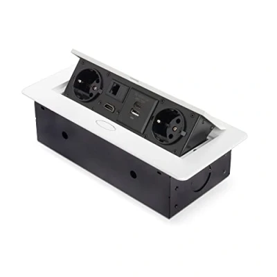 Imagen de Emuca Regletas enchufe, Regleta multienchufe retráctil para empotrar en la mesa, base de enchufes multiconector (enchufe EU tipo F, USB A+C, RJ45 y HDMI), 265x120mm, blanco