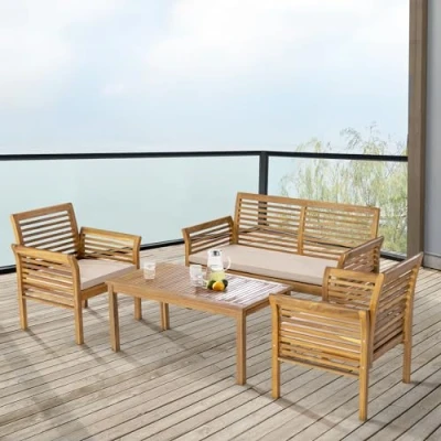 Imagen de casa.pro Mueble de Jardín Exterior 4 Piezas Conjunto Muebles Terraza 1 Mesa Rectangular 2 Sillas Sofá plazas con Reposabrazos y Cojines Madera Acacia Efecto Beige