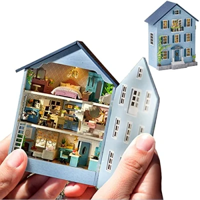 Imagen de casa de muñecas Kit Muebles Madera en Miniatura, Mini Hecha a Mano con LED, Escala 1:24, Juguetes creativos carpintería para Adultos, Amigos, Amantes, Regalo cumpleaños