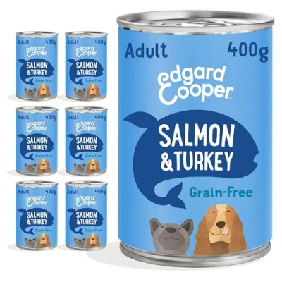 Imagen de Edgard &amp; Cooper Pienso para Perros Adultos Comida Humeda Natural 400gx6 Salmón y Pavo Fresco, Alimento Sano, Sabroso Equilibrados