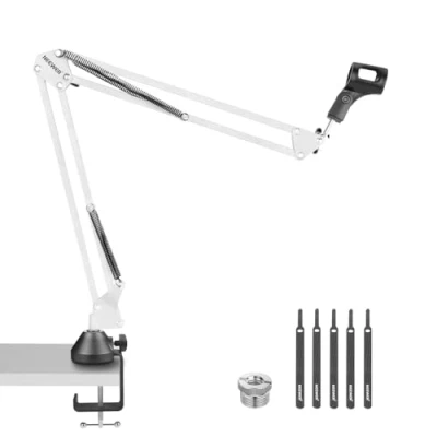 Imagen de NEEWER Soporte Micrófono Tijera Boom Brazo Suspensión, Escritorio con Tornillo de 3/8&quot; a 5/8&quot;, Bridas Cables compatibles Blue Yeti Snowball X Quadcast, NW 35, Blanco