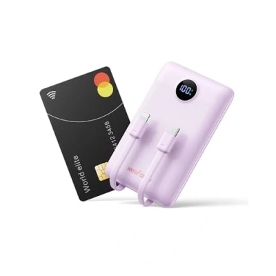 Imagen de Batería Externa Carga Rápida 10000mAh, WeeFancy Mini Power Bank con 2 Cables Integrados USB C, PD 22.5W Pequeña Compacto Cargador Portátil Universal para Tipo C y iPhone 15/14/13/12 Series etc