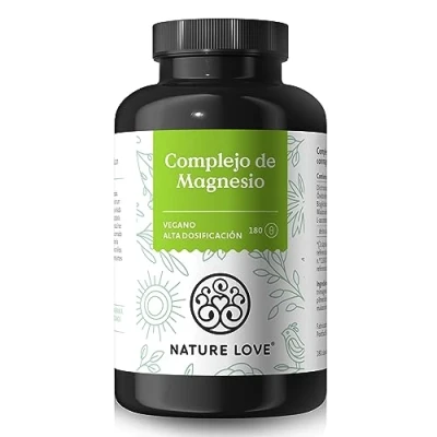 Imagen de NATURE LOVE® Complejo de magnesio 180 cápsulas 400 mg elemental por dosis diaria Magnesiumbisglycinat, Magnesiummalat, Magnesiumscorbat vegano, dosificación alta