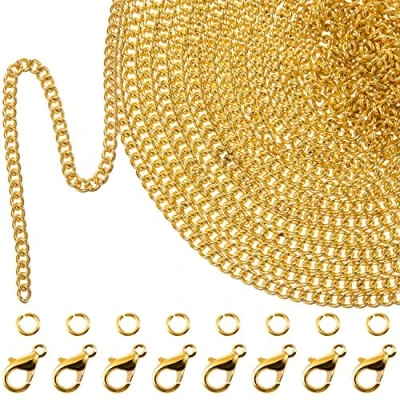 Imagen de 33 Pies de Cadena Enlace Chapado Oro Collar con 30 Anillas Salto y 20 Cierres Langosta para Hombres Mujeres Fabricación DIY Joyería (1,5 mm)