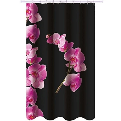 Imagen de MSV, Tenda da doccia, Poliestere, Rivestimento antibatterico, Anelli inclusi, lavabile a 30, Tessuto impermeabile in lavatrice, Made Europe, Fiori neri e Rosa, 180 x 200 cm