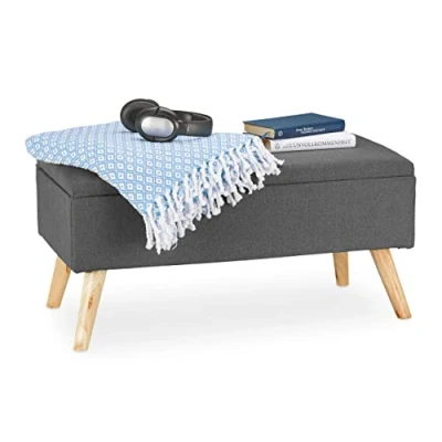 Imagen de Relaxdays Baúl Almacenamiento con Patas, Banco Almacenaje, Tela Madera DM, 1 Ud., 39,5 x 79,5 cm, Gris