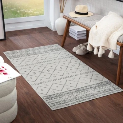 Imagen de Surya Alfombra Geométrica Nagano de Pasillo para Cocina, Entrada Abstractas Estilo Bohemio, Fácil Cuidar Larga 80x220cm, Blanco, Carbón, Gris