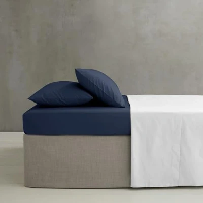 Imagen de Catherine Lansfield Sábana Bajera Ajustable de percal Peinado para Cama Matrimonio extraprofunda, Color Azul Marino