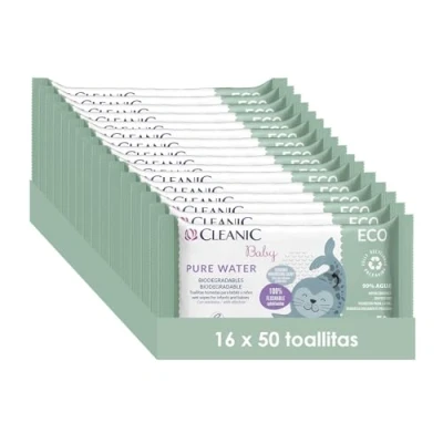 Imagen de Cleanic Toallitas Húmedas Baby Eco Pure Water para Niños y Bebés Composición 99% a Base de Agua Alantoína Sin Perfume Desechables Pieles Sensibles 50x16 piezas
