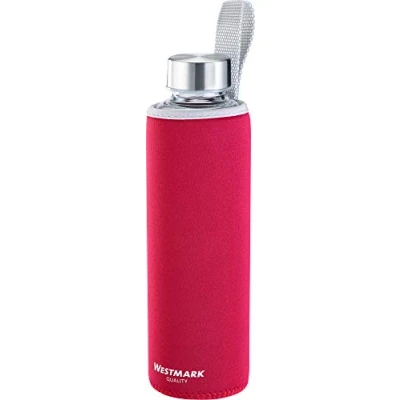 Imagen de Westmark Botella para beber, De vidrio con impresión, Incl. cubierta protectora, 550 ml, Vidrio/silicona/caucho, Sin BPA, Viva, Rojo/plata/transparente, 5272226R