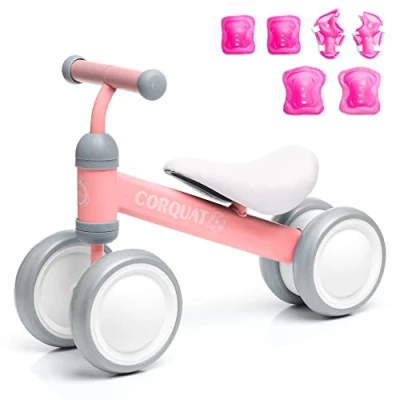 Imagen de CORQUAT Pack correpasillos Bebe 1 año con Rodilleras y Coderas, Juguetes niños, Triciclo, Bicicleta sin Pedales para Andador Perfecto Regalo (Rosa)
