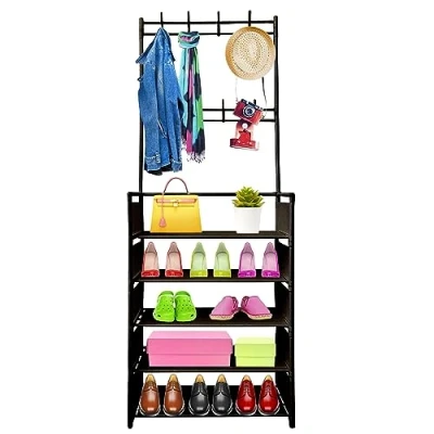 Imagen de Nyana Home Recibidor Perchero de Entrada Plus con Zapatero Hasta 20 Pares 8 Colgadores 169 Alto 60 Largo 28 Fondo (Negro)