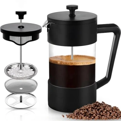 Imagen de POWZOO Cafetera de prensa francesa,French Press 1000 ml, Vidrio borosilicato resistente al calor, Filtro acero inoxidable,Cafetera francesa Tetera leche chocolate café(Negro)